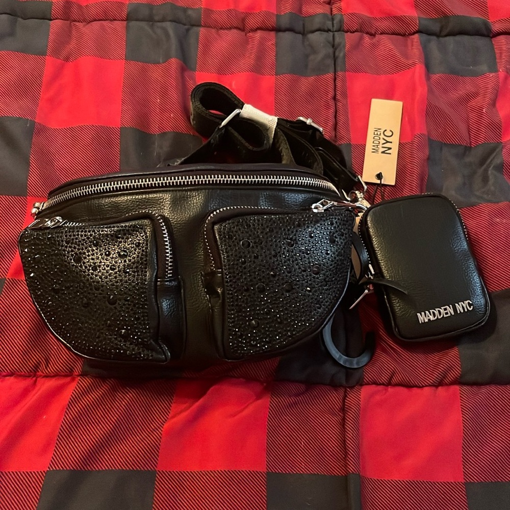 Madden Girl Black Crossbody Belt Bag with Sparkle Pockets